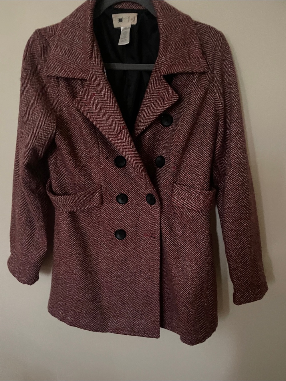 Nicole Burgundy Herringbone Double-Breasted Peacoat